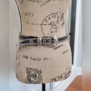 Vintage Black Leather and Mesh Metal Silver and Western Belt